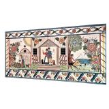 Folk Art Painted Panel with Farm and Floral Scene