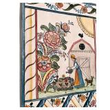 Folk Art Painted Panel with Farm and Floral Scene