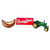 Lot of Vintage Decorative Items: Wood Bowl, Burma-Shave Sign, John Deere Tractor Model