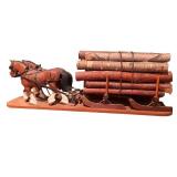Decorative Hand Carved Wooden Horse-Drawn Log Sled with Mirror