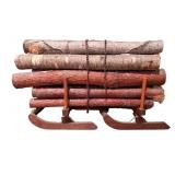 Decorative Hand Carved Wooden Horse-Drawn Log Sled with Mirror
