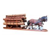 Decorative Hand Carved Wooden Horse-Drawn Log Sled with Mirror
