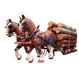 Decorative Hand Carved Wooden Horse-Drawn Log Sled with Mirror