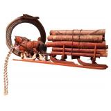 Decorative Hand Carved Wooden Horse-Drawn Log Sled with Mirror