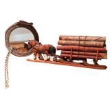 Decorative Hand Carved Wooden Horse-Drawn Log Sled with Mirror