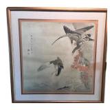 Framed Japanese Artwork of Birds in Flight