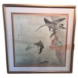 Framed Japanese Artwork of Birds in Flight