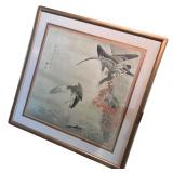 Framed Japanese Artwork of Birds in Flight