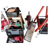 Assorted Garage Tools and Equipment Collection with Ladder and Tool Box