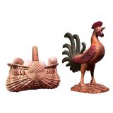 Decorative Rooster Statue and Wicker Basket with Wooden Eggs