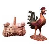 Decorative Rooster Statue and Wicker Basket with Wooden Eggs