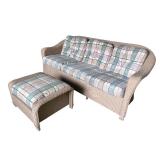 Wicker Sofa with Matching Ottoman and Plaid Cushions