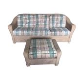 Wicker Sofa with Matching Ottoman and Plaid Cushions