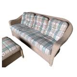 Wicker Sofa with Matching Ottoman and Plaid Cushions