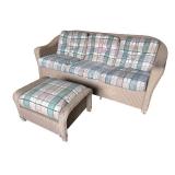 Wicker Sofa with Matching Ottoman and Plaid Cushions