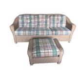 Wicker Sofa with Matching Ottoman and Plaid Cushions