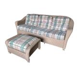 Wicker Sofa with Matching Ottoman and Plaid Cushions