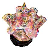 Murano Millefiori Art Glass Bowl with Wooden Stand