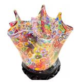 Murano Millefiori Art Glass Bowl with Wooden Stand