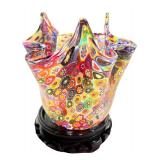 Murano Millefiori Art Glass Bowl with Wooden Stand