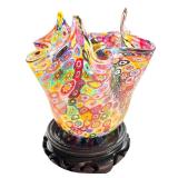 Murano Millefiori Art Glass Bowl with Wooden Stand