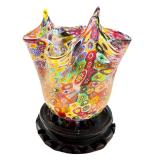 Murano Millefiori Art Glass Bowl with Wooden Stand