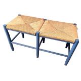 Blue Wood Double Stool with Woven Rush Seats