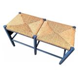 Blue Wood Double Stool with Woven Rush Seats