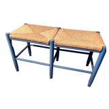 Blue Wood Double Stool with Woven Rush Seats