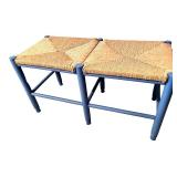 Blue Wood Double Stool with Woven Rush Seats
