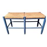 Blue Wood Double Stool with Woven Rush Seats