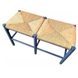 Blue Wood Double Stool with Woven Rush Seats