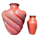 Set of 2 Red Studio Art Pottery Vases with Hammered, Textured and Swirl Design