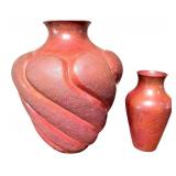 Set of 2 Red Studio Art Pottery Vases with Hammered, Textured and Swirl Design