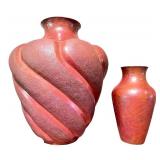 Set of 2 Red Studio Art Pottery Vases with Hammered, Textured and Swirl Design