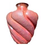 Set of 2 Red Studio Art Pottery Vases with Hammered, Textured and Swirl Design