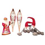 Holiday Decor Lot with Santa Figure, Pair of Wooden Snowshoes, and 2 Gnome Plush Figures