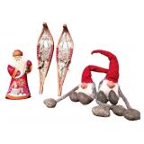 Holiday Decor Lot with Santa Figure, Pair of Wooden Snowshoes, and 2 Gnome Plush Figures