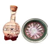 Glass Decanter with Blue Bird Figurine and Art Pottery Bowl on Stands