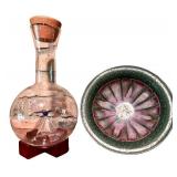 Glass Decanter with Blue Bird Figurine and Art Pottery Bowl on Stands