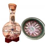 Glass Decanter with Blue Bird Figurine and Art Pottery Bowl on Stands