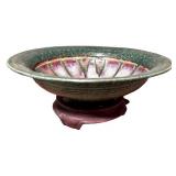 Glass Decanter with Blue Bird Figurine and Art Pottery Bowl on Stands