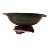 Glass Decanter with Blue Bird Figurine and Art Pottery Bowl on Stands