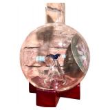 Glass Decanter with Blue Bird Figurine and Art Pottery Bowl on Stands