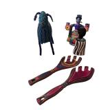 Collection of Global Folk Art Figures and Handcrafted Serving Utensils