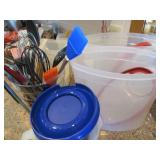 Glass container with misc kitchen u... Glass container with misc kitchen u...