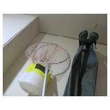 Fish net, bait pail and pair of wad... Fish net, bait pail and pair of wad...