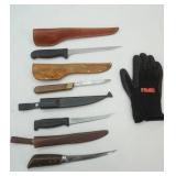 4 Filet Knives w/sheaths & Rapala Glove