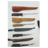 4 Filet Knives w/sheaths & Rapala Glove