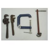 Basin Wrench, C-Clamp, & 2 Vintage Pipe Wrenches